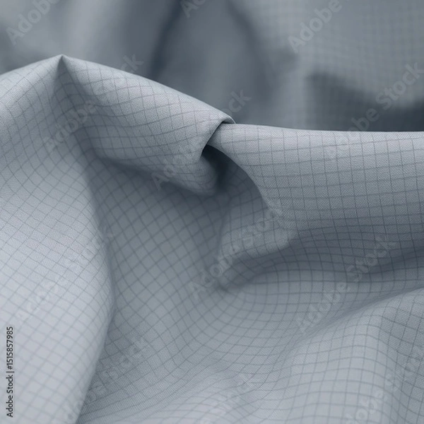 Obraz Close-up of light blue technical ripstop fabric with subtle square grid pattern, draped with natural folds and soft curves. The texture is smooth, lightweight, and slightly matte, designed for outdoor