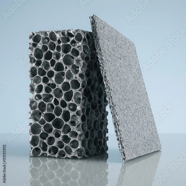Fototapeta Aluminum metal foam block and flat panel, standing vertically on a glossy surface against a clean gradient blue background. The block displays a cellular open-cell structure with round pores