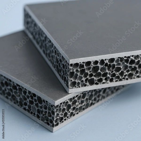 Obraz Aluminum metal foam sandwich panels, stacked diagonally, showing smooth flat outer surfaces and a porous metallic foam core. The cut reveals uniform open-cell structure inside