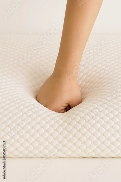 Obraz A close-up realistic photo of a human hand pressing firmly into a white memory foam mattress with a hexagonal texture, showing visible indentation and slow rebound effect. 