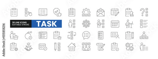 Fototapeta Set of 36 Task line icons set. Task outline icons with editable stroke collection. Includes Planning, Checkbox, Deadline, Office Work, Action Plan, and More.