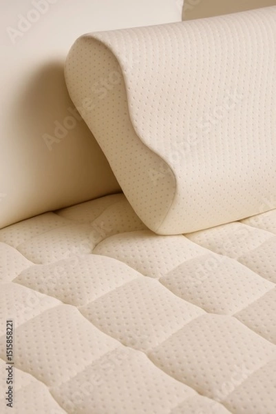 Fototapeta A realistic close-up photo of an orthopedic memory foam pillow resting on a quilted and textured mattress surface. The materials are light beige in color, with small perforated dots across the pillow 