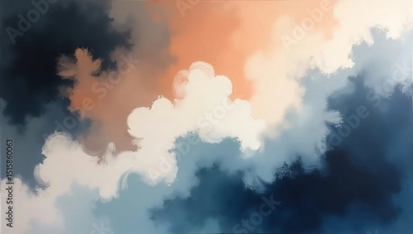 Obraz Abstract Painting with Clouds in Navy, Blue, Peach, and White Tones
