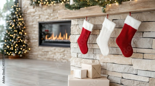 Fototapeta Cozy fireplace decorated with stockings and gifts, creating festive atmosphere