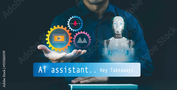 Obraz AI assistant interaction concept. User interacting with virtual  AI agents, Key Takeaway, icons for voice, text, image, video generation,  productivity tools, chatbot, intelligence communication