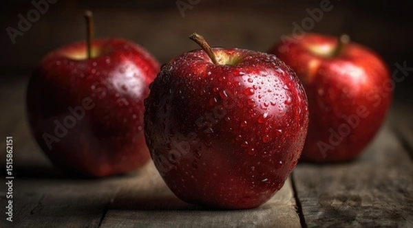 Fototapeta Fresh Red Apples Displayed on Rustic Wooden Surface