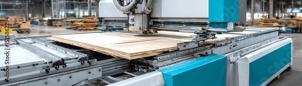 Obraz CNC machine in operation, cutting wood in a modern industrial workshop.