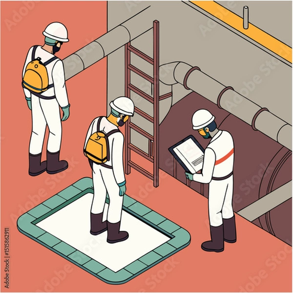 Obraz Team of industrial workers performing confined space entry inspection with safety equipment and supervisor monitoring data on tablet isometric