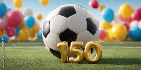Obraz  Fußball mit goldener Zahl 150 und Luftballons auf Rasen – Jubiläumsfeier