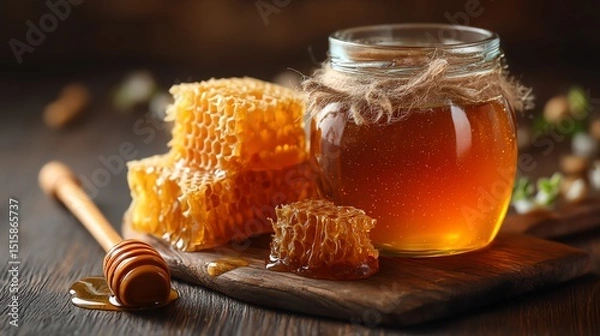 Obraz Delicious honey in a jar with honeycomb on a wooden surface.