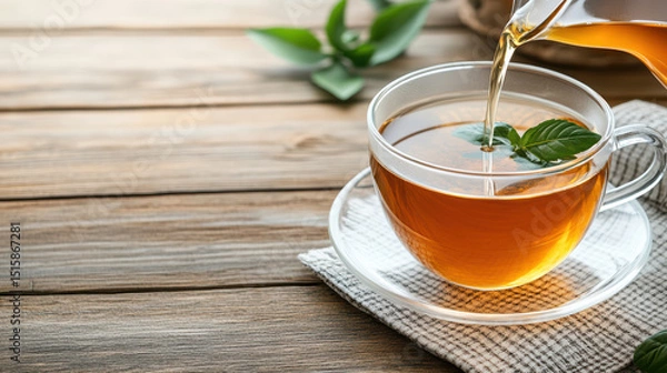 Fototapeta Freshly brewed honey colored tea is being poured into clear cup, creating calming atmosphere
