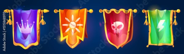 Fototapeta Medieval game flags on golden poles - purple crown banner, orange sun emblem, red skull pennant, green lightning bolt standard. Magical fantasy kingdom banners with tassels for rpg castle adventure.