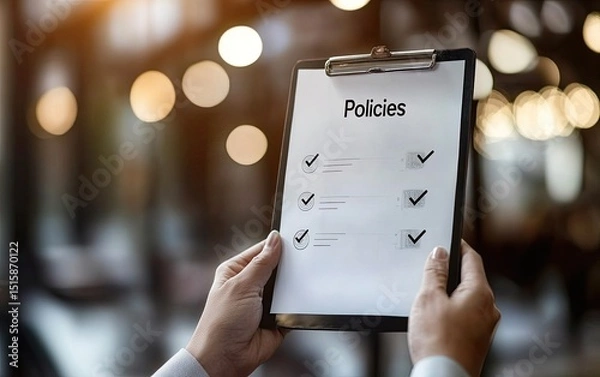 Obraz Hands holding a clipboard with policies and checklists