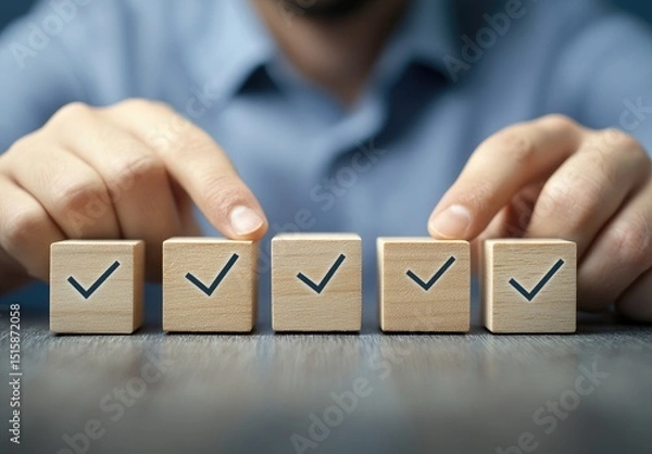Fototapeta Marking checklist items with wooden blocks