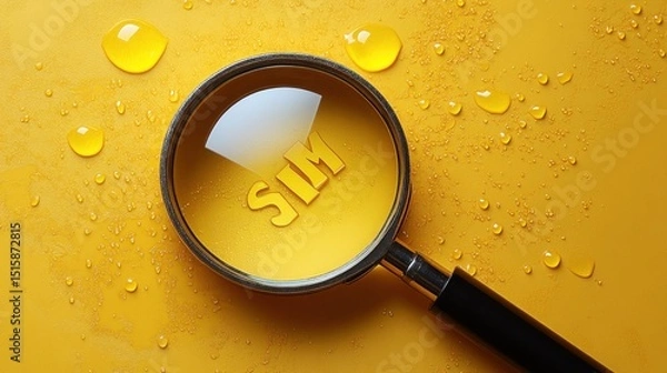 Fototapeta Magnifying Glass on Yellow Background with SIM Card, Water Drops