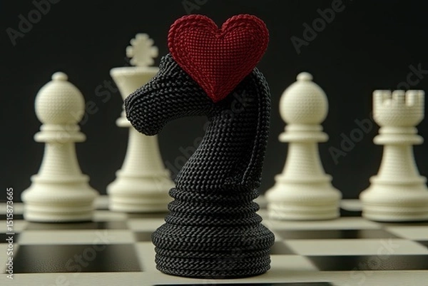Fototapeta Black chess knight with red heart, surrounded by white pieces