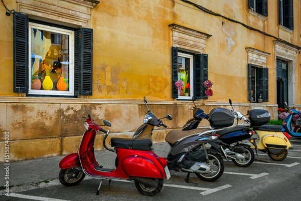 Fototapeta scooters parked along the side of the road in front of a building with windows and shutters in Mahon, Spain.