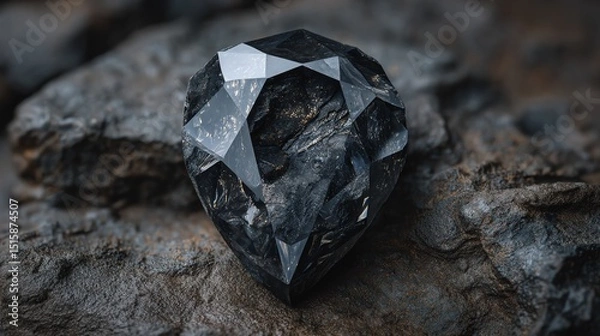 Obraz Polished black gemstone on rugged rock surface, close-up with detailed reflections.