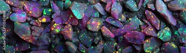 Obraz Colorful opal stones with a sparkling iridescence on a dark background.