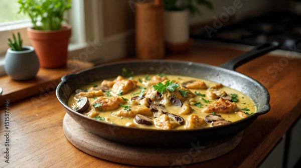 Fototapeta A pan of food with chicken and mushrooms in it