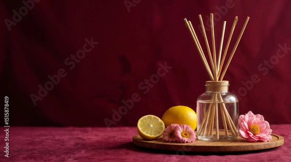 Fototapeta 
A vase with a lemon and a bunch of sticks in it
