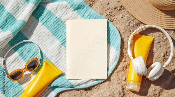 Fototapeta A book is on a towel next to a bottle of sunscreen and a bottle of lotion