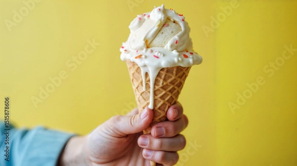 Fototapeta A person holding an ice cream cone with a drizzle of chocolate sauce on top