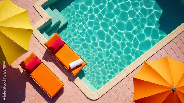 Fototapeta A pool with two orange lounge chairs and two umbrellas
