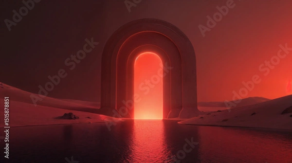 Fototapeta A red archway is in the middle of a desert