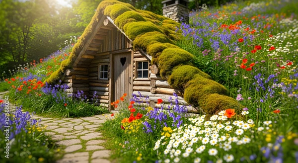Fototapeta Enchanting Moss Covered Cottage Surrounded By Blooming Meadow With A Stone Pathway