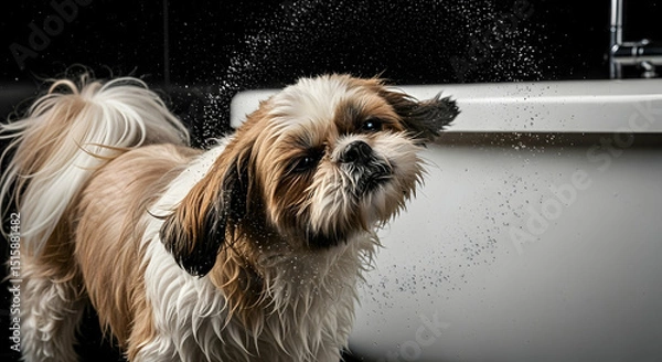 Fototapeta Shih Tzu Shaking off Water Splashes After Bathing Time in a Bathtub