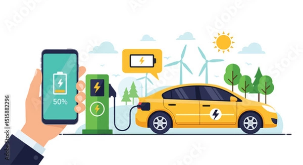 Fototapeta Adobe Illustrator Artwork Modern flat vector illustration depicting an electric car charging with a smartphone showing battery status, powered by wind turbines and sun. Highlights smart, green energy