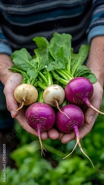 Obraz Farmer's Hands Holding Freshly Harvested Turnips Colorful Vegetables from the Garden