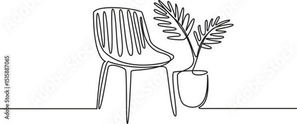 Obraz Chair with home plant in continuous one line drawing. Modern room and home furniture in simple Linear style. Editable stroke. Vector Illustration.