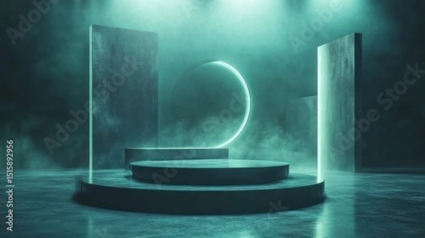 Fototapeta Neon Green Lit Concrete Stage with Fog