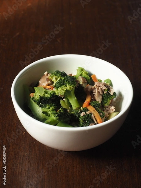 Fototapeta stir fried broccoli with carrot, mushroom and minced pork