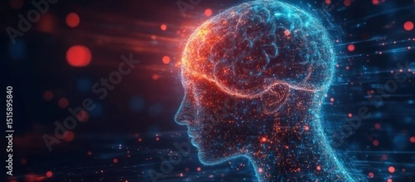 Fototapeta Human Brain Neural Network:  Digital Mind, AI, Consciousness, Data Streams, Cognitive Process Visualization