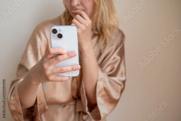 Fototapeta Woman wearing silk bathrobe scrolling a smartphone in bedroom or hotel room. Social media, dating app or internet browsing. Communication or networking. 
