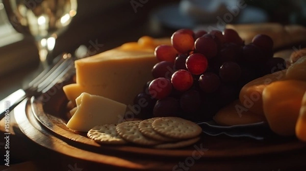 Fototapeta A rustic cheese board assortment with grapes and crackers, presented warmly