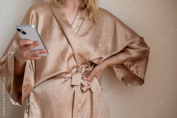 Fototapeta Woman wearing silk bathrobe scrolling a smartphone in bedroom or hotel room. Social media, dating app or internet browsing. Communication or networking. 