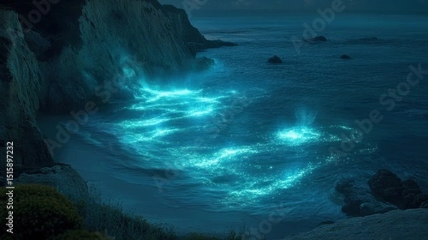 Fototapeta Enchanted Coastal Night: Bioluminescent Waves Illuminating the Shore