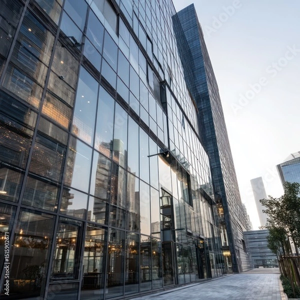 Obraz Urban building with a glass facade reflecting the surrounding city, giving a dynamic modern look.