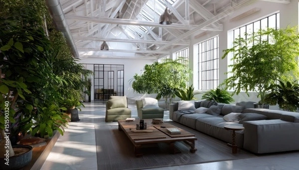 Obraz High-ceiling living room with lush plants, cozy seating, and an airy ambiance.