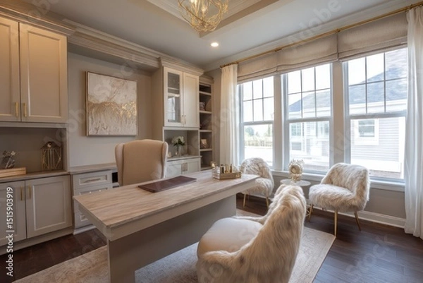Obraz Stylish home office with a spacious desk, comfortable chair, and neutral tones for an elegant feel.