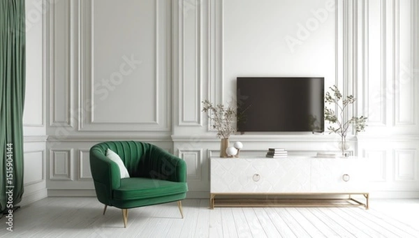 Obraz Sophisticated living room featuring a green armchair, sleek TV unit, and clean white walls.