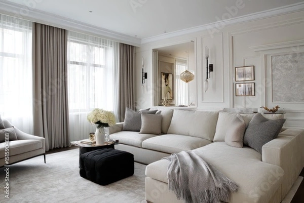 Obraz Stylish living room featuring neutral tones, a sectional sofa, and minimalistic decor touches.