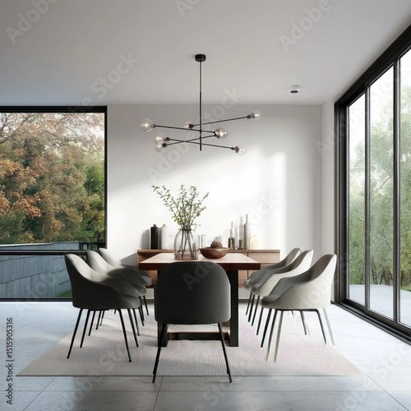 Obraz Stylish dining space with a modern table, contemporary chairs, and minimalist lighting overhead.