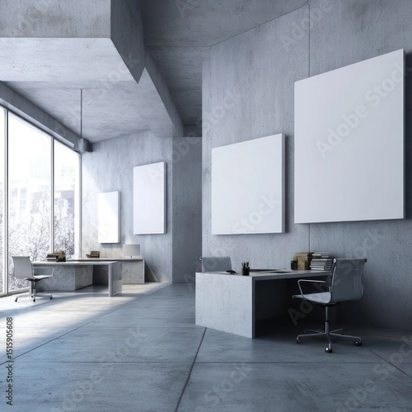 Obraz Functional home office with raw concrete walls, large whiteboard frames, and ergonomic desk setup.
