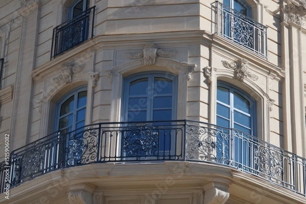 Obraz Elegant wrought iron balcony and windows reflecting the blue sky, enhancing the luxury facade.