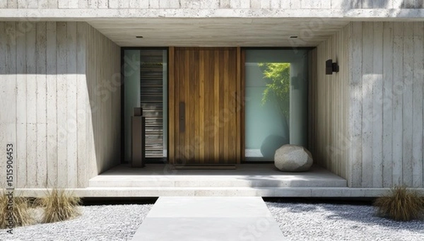Obraz Entrance of a modern house, with a simple yet stylish wooden front door for a clean look.
